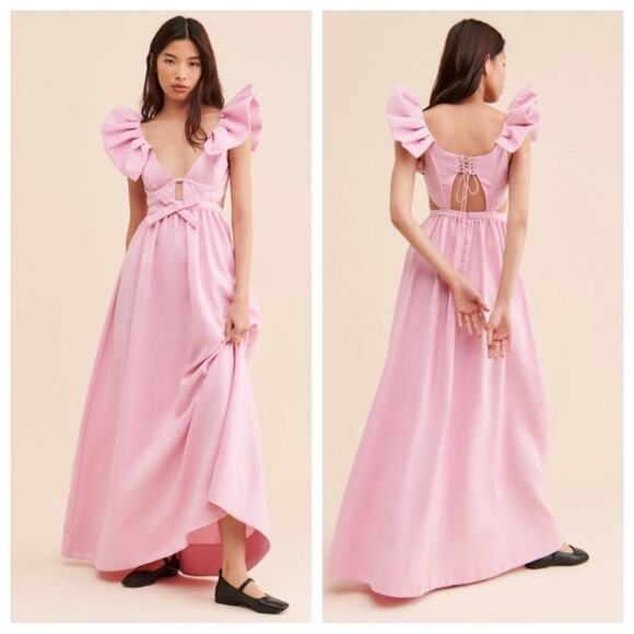 For Love & Lemons Miriam Ruffle Sleeve Bow Detail Pink Maxi Dress Sz Small - Picture 6 of 15